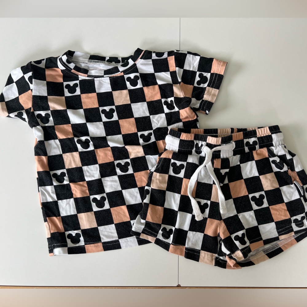 2 Piece Mickey Matching Set Checkered Neutral Shorts and T Shirt Blush Lotus